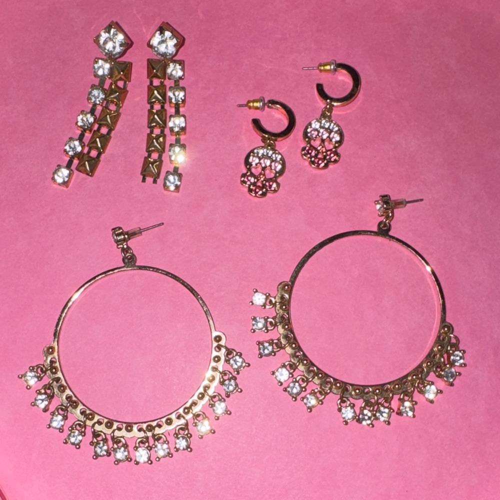 3 Pairs Gold Tone Rhinestone Earrings Large Hoops Dangle Chain Small Hoop Skulls